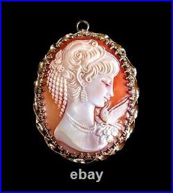 14K Unique Large Antique Victorian Hand Carved Cameo Brooch Pendant Bird SIGNED