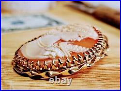14K Unique Large Antique Victorian Hand Carved Cameo Brooch Pendant Bird SIGNED