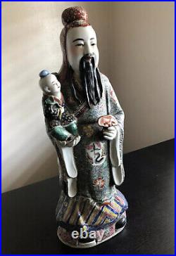 19 LARGE Antique Chinese Fuxing Famille Porcelain God Statue SIGNED Fu Lu Shou