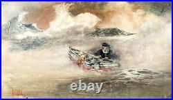 1900's ANTIQUE The Old Man and The Sea with His Dog Nautical Very Large Painting