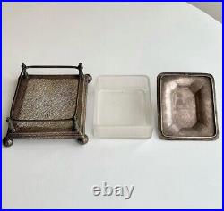 1930 Large Antique Butter Dish Container Silver Plated Brass Glass Europe Signed
