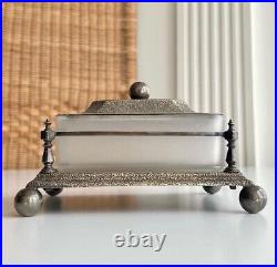 1930 Large Antique Butter Dish Container Silver Plated Brass Glass Europe Signed
