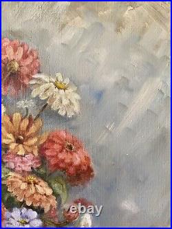 1933 Still Life Floral Oil Painting Framed Zinnias Early Mid Century Signed Vtg