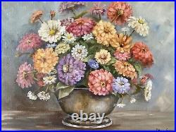 1933 Still Life Floral Oil Painting Framed Zinnias Early Mid Century Signed Vtg