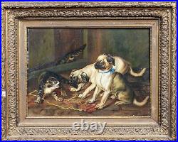 19th Century French School Pug Puppies & Tabby Cat Barn Scene Signed Painting