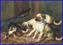 19th Century French School Pug Puppies & Tabby Cat Barn Scene Signed Painting