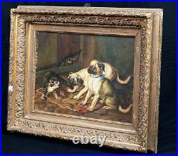 19th Century French School Pug Puppies & Tabby Cat Barn Scene Signed Painting