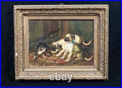 19th Century French School Pug Puppies & Tabby Cat Barn Scene Signed Painting