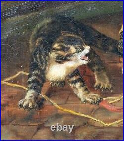 19th Century French School Pug Puppies & Tabby Cat Barn Scene Signed Painting