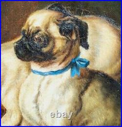 19th Century French School Pug Puppies & Tabby Cat Barn Scene Signed Painting