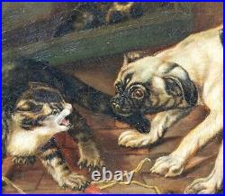 19th Century French School Pug Puppies & Tabby Cat Barn Scene Signed Painting