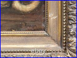 19th Century French School Pug Puppies & Tabby Cat Barn Scene Signed Painting