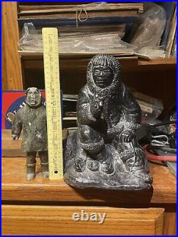 2 Large Inuit Eskimo Sculptures Large Al Wolf Signed + Antique Eskimo Man