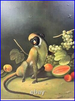 20 X 24 Gorgeous Monkey Original Antique Oil Painting On Canvas DETAILED
