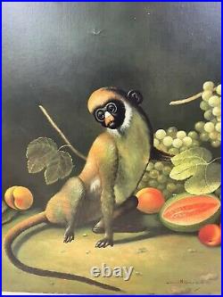20 X 24 Gorgeous Monkey Original Antique Oil Painting On Canvas DETAILED