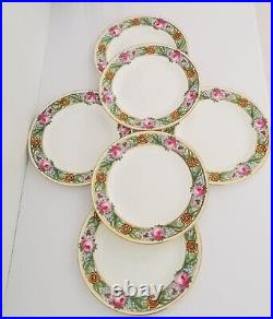 6 Antique MINTONS For Burley Co Enameled Plates Large PINK ROSES Design Signed