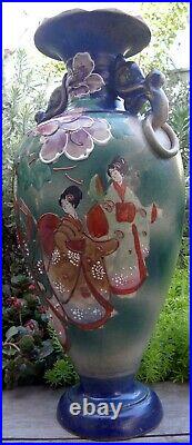 A Large Antique Hand Painted Pottery Satsuma Vase Signed to the base