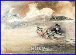 ANTIQUE 1918 The Old Man and The Sea with His Dog Nautical Very Large Painting