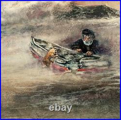ANTIQUE 1918 The Old Man and The Sea with His Dog Nautical Very Large Painting
