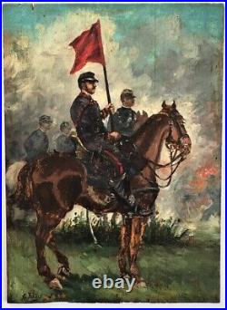 ANTIQUE 19th MILLITARY SCHENE OIL ON PANEL 1870 PAINTING SIGNED