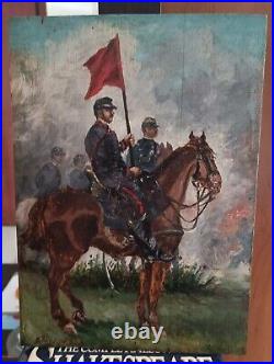 ANTIQUE 19th MILLITARY SCHENE OIL ON PANEL 1870 PAINTING SIGNED