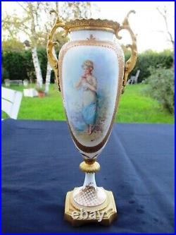 ANTIQUE FRENCH SEVRES PORCELAIN PAIR 2 VASES URNS SIGNED 19th C BRONZE MOUNTED