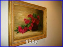 ANTIQUE VICTORIAN ROSES OIL PAINTING 1911 CANVAS BOARD SIGNED 18 x 24 REFRAMED