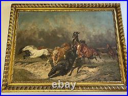 Alfred Roloff Oil Painting Antique Wild Horses Landscape Large Carved Frame Rare