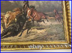 Alfred Roloff Oil Painting Antique Wild Horses Landscape Large Carved Frame Rare