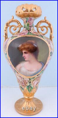 Antique 19thC Large Royal Vienna Hand Painted Signed Portrait Vase Austrian Rose