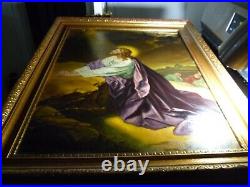 Antique 30 x 22 wood gold frame signed oil painting Jesus in Gethsemane glory