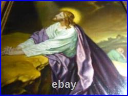 Antique 30 x 22 wood gold frame signed oil painting Jesus in Gethsemane glory