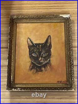Antique Acrylic Cat Painting Blue Eyes Signed Whipple Ornate Gold Framed MCM