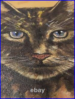Antique Acrylic Cat Painting Blue Eyes Signed Whipple Ornate Gold Framed MCM