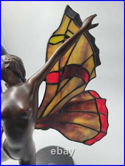 Antique Art Nouveau Bronze Nude Fairy Table Lamp Stained Glass Signed ADOLPH