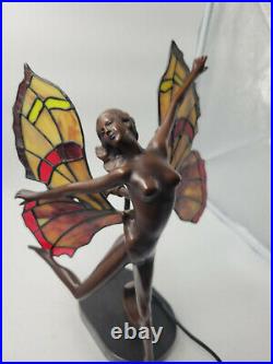 Antique Art Nouveau Bronze Nude Fairy Table Lamp Stained Glass Signed ADOLPH