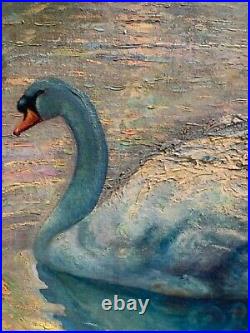 Antique Benjamin Kelman Signed Large Oil On Canvas Painting Of Swans In A Lake