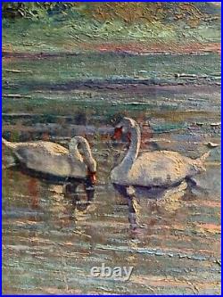 Antique Benjamin Kelman Signed Large Oil On Canvas Painting Of Swans In A Lake
