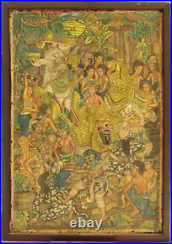 Antique Big Asian Oil on Muslin Signed Painting Detailed'Dance of Demons' Scene