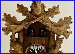 Antique Black Forest Hunter Large H-Carved German Limetree Cuckoo Clock Working