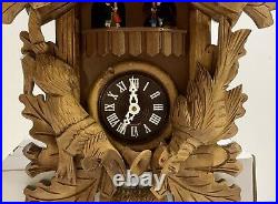 Antique Black Forest Hunter Large H-Carved German Limetree Cuckoo Clock Working