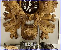 Antique Black Forest Hunter Large H-Carved German Limetree Cuckoo Clock Working