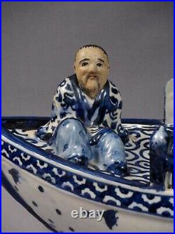 Antique Blue white porcelain boat man fisherman Marked LARGE UNIQUE