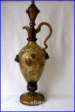 Antique Bohemian Fritz Heckert large Art Glass enamel decanter c 1880, signed