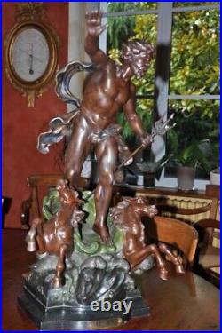 Antique Bronze Neptune Sculpture Sign Louis François Moreau Gilt Statue Chariot