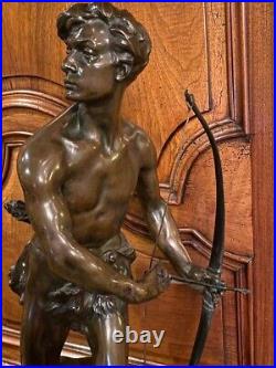 Antique Bronze Sculpture Bow Hunter Signed Gauquier Swing Quiver Arrow Wolf 19th