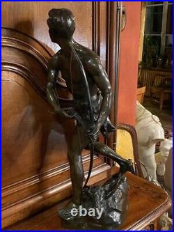 Antique Bronze Sculpture Bow Hunter Signed Gauquier Swing Quiver Arrow Wolf 19th