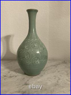 Antique Celadon Green Cranes Large Vase Signed
