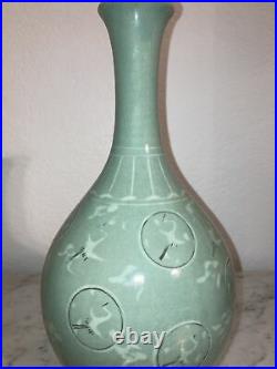 Antique Celadon Green Cranes Large Vase Signed