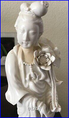 Antique Chinese blanc de chine Kwan yin statue large 12 on stand signed rare